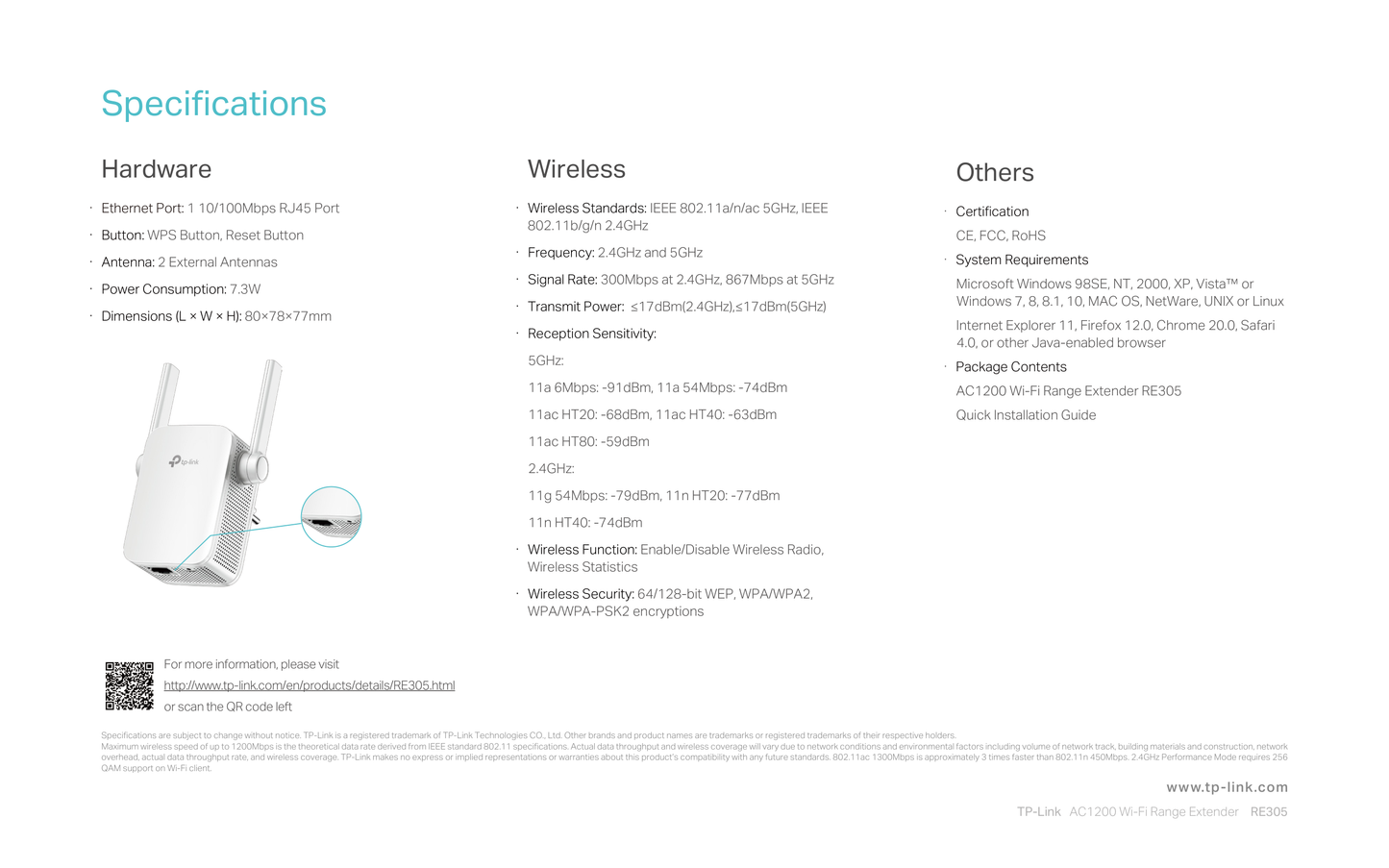 Extensor de rango inalámbrico TP-LINK RE305 AC1200 banda dual 2 antenas externas 1x RJ45 10/100M modo AP