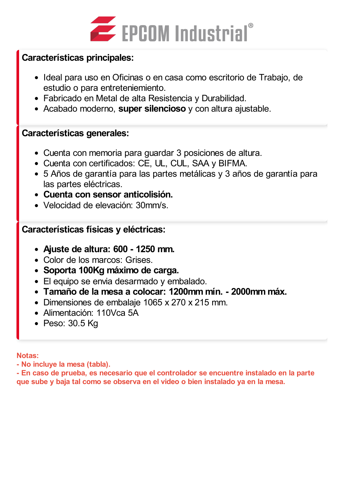 Base de Escritorio Motorizado Profesional / Altura Ajustable 60-125cm / Estructura Estable / Funcionamiento Suave / 3 Preset de Posiciones / Color Gris / Soporta hasta 100Kg de carga