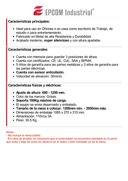 Base de Escritorio Motorizado Profesional / Altura Ajustable 60-125cm / Estructura Estable / Funcionamiento Suave / 3 Preset de Posiciones / Color Gris / Soporta hasta 100Kg de carga