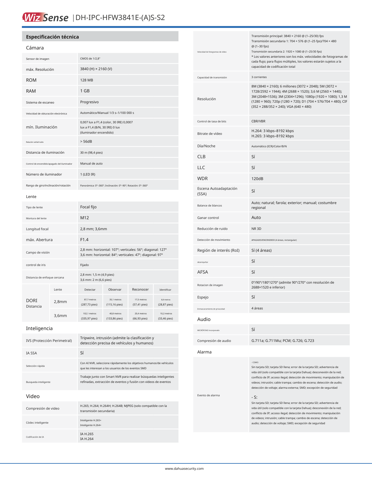 Camara Dahua DH-IPC-HFW3841E-AS-S2 IP bullet 8 mpx lente 2.8 mm metalica exterior 107 gds wizense IA microfono integrado audio PoE IP67