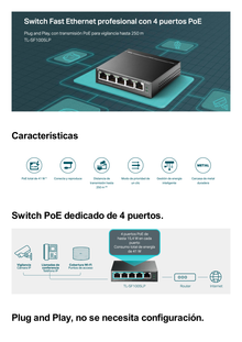 Switch PoE No Administrable de Escritorio / 8 puertos 10/100 Mbps / 4 puertos PoE af / Presupuesto 41 W / Modo extensor PoE hasta 250 metros / Calidad video prioritaria