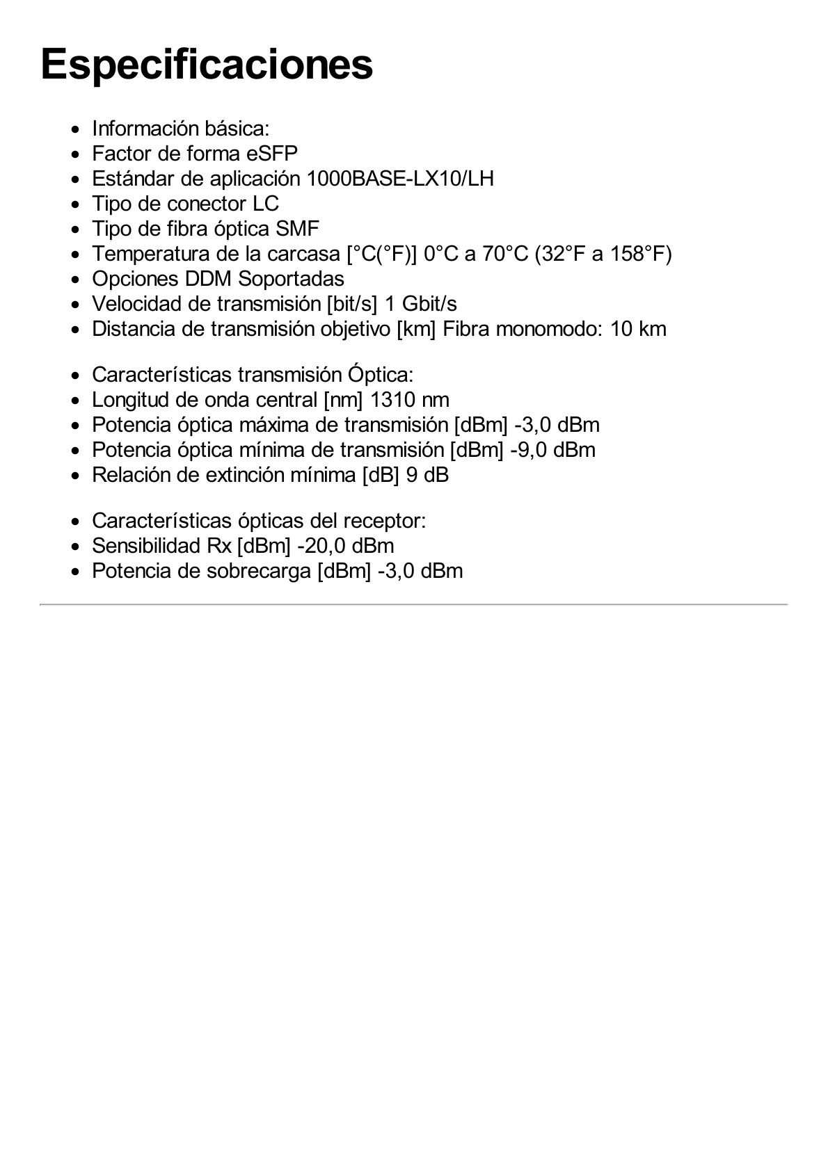 Transceptor Óptico eSFP / Velocidad de 1Gbps / Monomodo / 1310nm / Conector LC / Distancia de hasta 10 Km