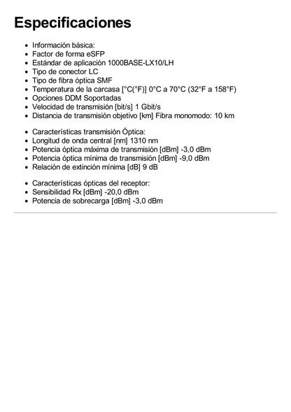 Transceptor Óptico eSFP / Velocidad de 1Gbps / Monomodo / 1310nm / Conector LC / Distancia de hasta 10 Km