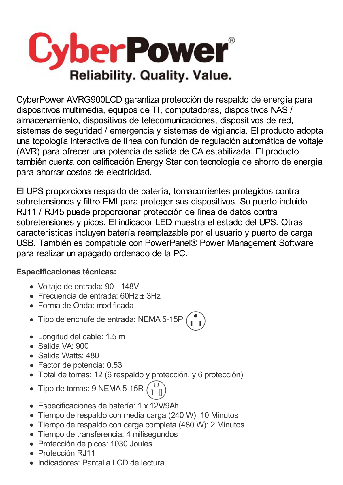 UPS de 900 VA/480 W, Topología Línea Interactiva, Entrada 120 Vca NEMA 5-15P, Tipo Gabinete Compacto, Con 12 Tomas NEMA 5-15R