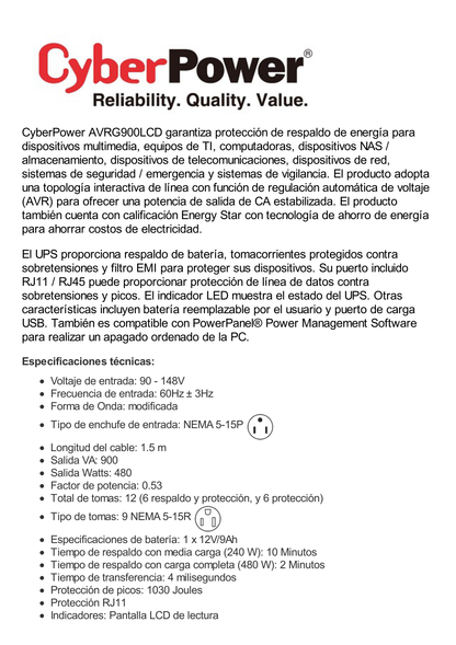 UPS de 900 VA/480 W, Topología Línea Interactiva, Entrada 120 Vca NEMA 5-15P, Tipo Gabinete Compacto, Con 12 Tomas NEMA 5-15R