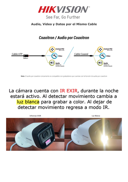 [Dual Light + ColorVu] Bala TURBOHD 3K (5 Megapixel) / Lente 2.8 mm / 60 mts IR + 60 mts Luz Blanca / Gran Angular 104.9° / Exterior IP67 / Micrófono Integrado / dWDR / 4 Tecnologías