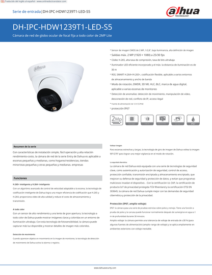 Camara Dahua DH-IPC-HDW1239T1-A-LED-S5 IP domo full color 2 mpx lente 2.8 mm IR 15 m plastico exterior con microfono 110 gds apert IP67