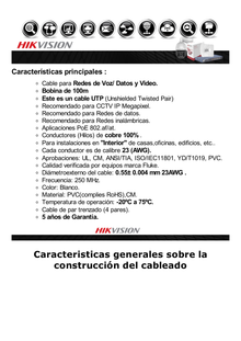 Bobina de Cable UTP 100 Mts / Cat 6 (23 AWG) / Color Blanco / PVC (CM) / Uso en Interior / 100% Cobre / Aplicaciones de CCTV y Redes de Datos