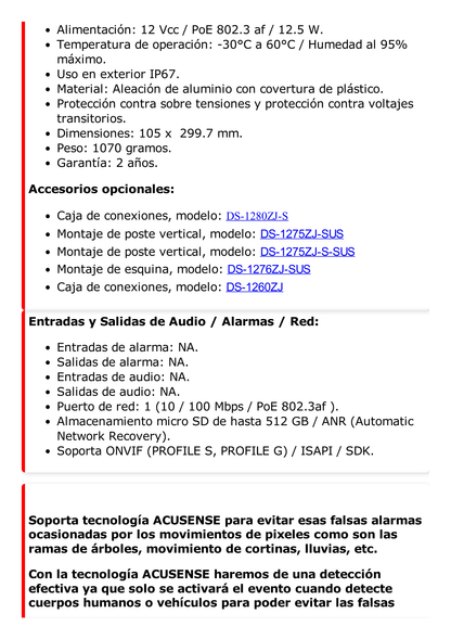 Bala IP 4 Megapixel / Lente 4 mm / 80 mts IR EXIR / Exterior IP67 / WDR 120 dB / PoE/ ACUSENSE (Evita Falsas Alarmas) / ONVIF / MicroSD / ACUSEARCH