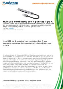 Hub Manhattan USB combinado 4 puertos tipo A USB 3.2 aluminio gris espacial