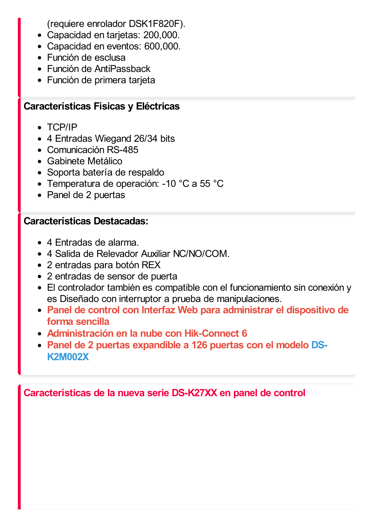 Controlador WiFi de 2 Puertas / Administrable en la Nube con Hik-Connect Teams / Interfaz Web / Expandible con Módulo DS-K2M002X (hasta 126 Puertas) / PoE / Wiegand / 4 Lectoras de Huella y Tarjeta