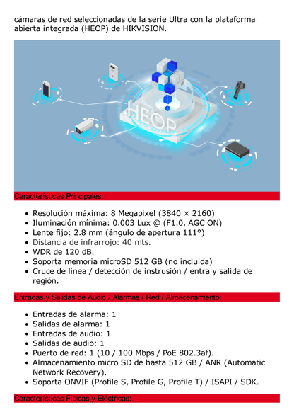 Bala IP 8 Megapixel / Lente 2.8 mm / 40 mts IR / Exterior IP67 / PoE / DARKFIGHTER / Alarmas y Audio I/O / ONVIF / Micro SD / 4 Analíticos: AcuSense, Deteccion Facial, Conteo de Personas por Cruce y Zona