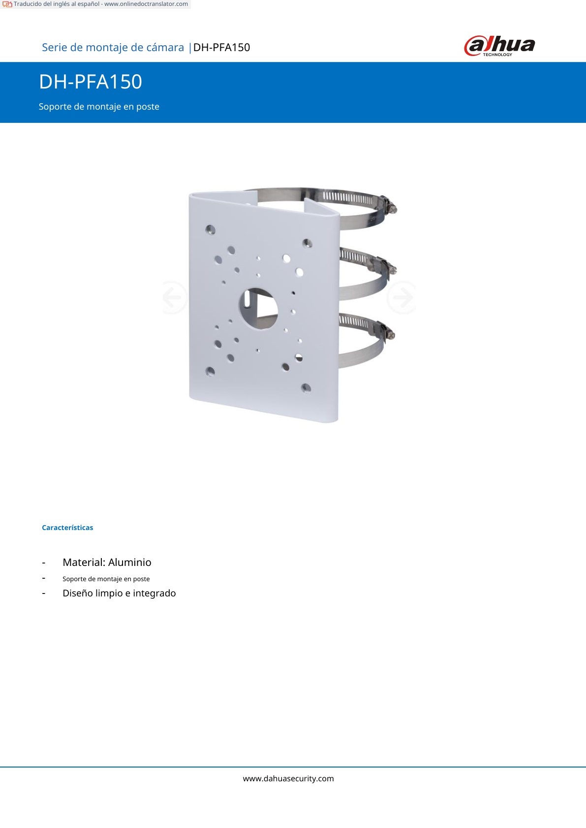 Montaje Dahua DH-PFA150-V2 para poste compatible con camaras ptz series sd65xx  sd69 sd63 sd64 sd6a sd6c