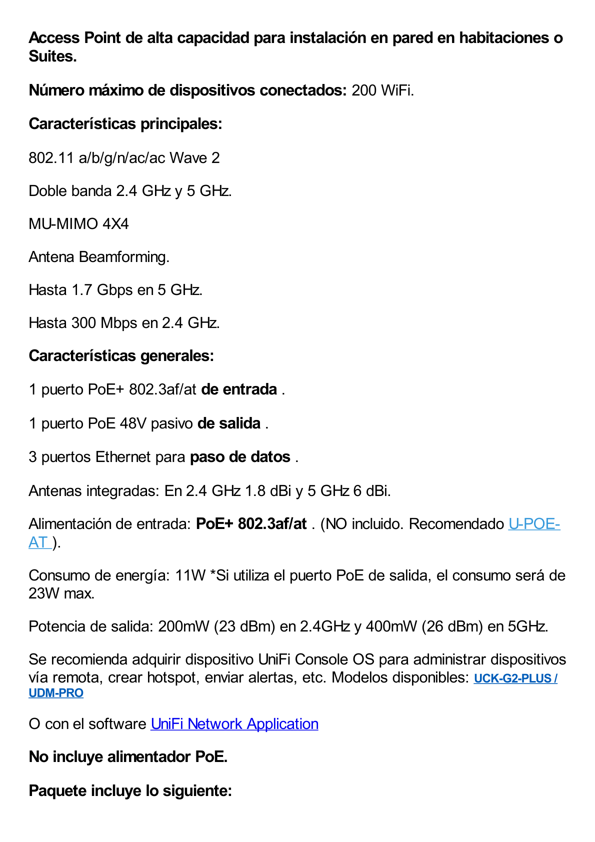 Access Point In Wall HD MU-MIMO 4x4 Wave 2 con 5 puertos (1 PoE entrada 802.3af/at PoE+, 1 PoE salida 48V y 3 Ethernet Passthrough) antena Beamforming, ideal para suites