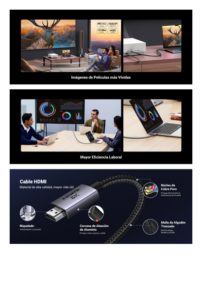 Cable HDMI 2.1 de 8K@60Hz | 2 m | 48Gbps | HDR10+ | 3D Inversivo| eARC | Dolby ATMOS |   VVR | QMS | QFT | ALLM | 3 modos de Visualización | Certificado HDMI 8K | Niquelado | Nylon Trenzado | Carcasa de Aluminio.