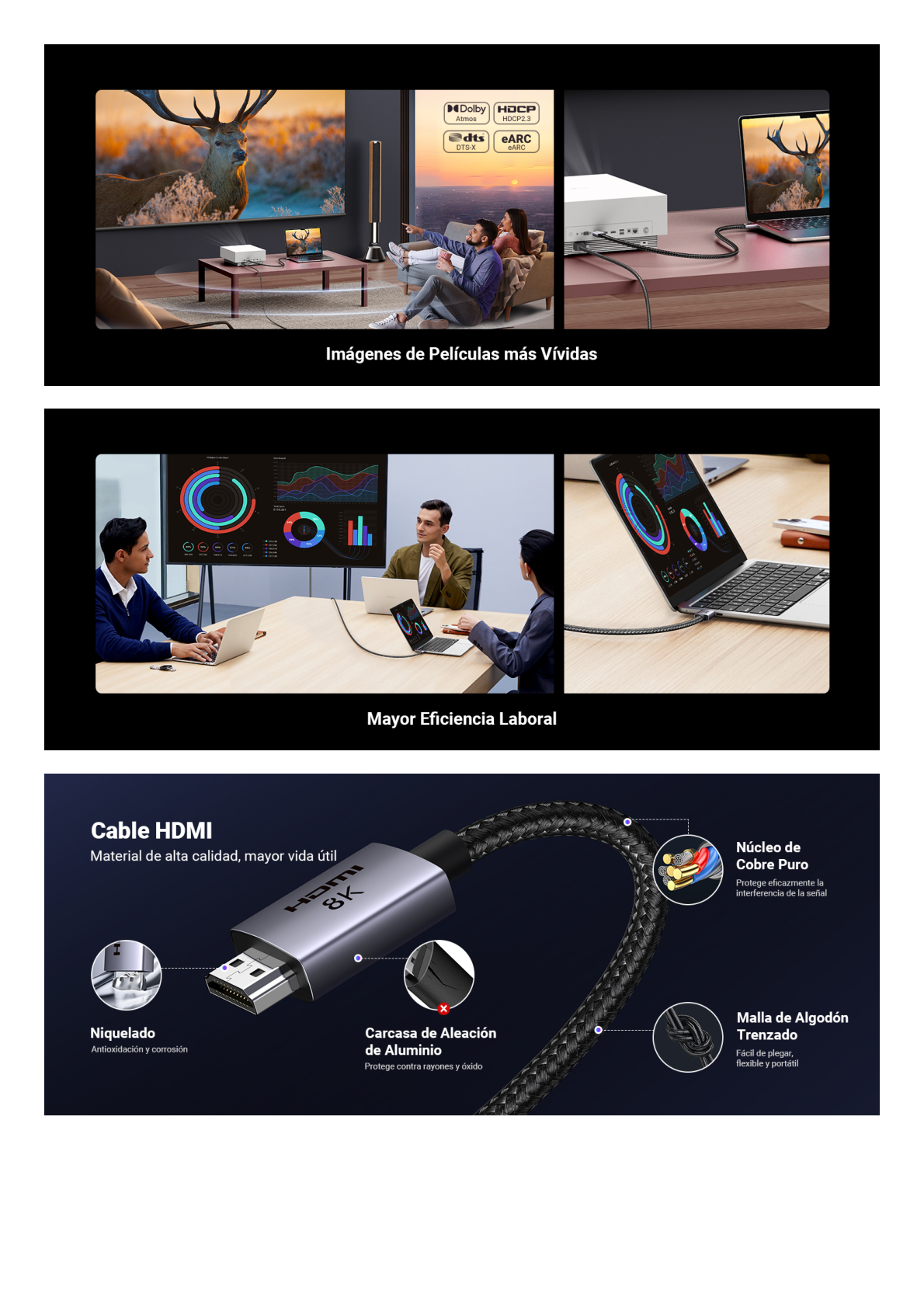 Cable HDMI 2.1 de 8K@60Hz | 3 metros | 48Gbps | HDR10+ | 3D Inversivo| eARC | Dolby ATMOS |   VVR | QMS | QFT | ALLM | 3 modos de Visualización | Certificado HDMI 8K | Niquelado | Nylon Trenzado | Carcasa de Aluminio.