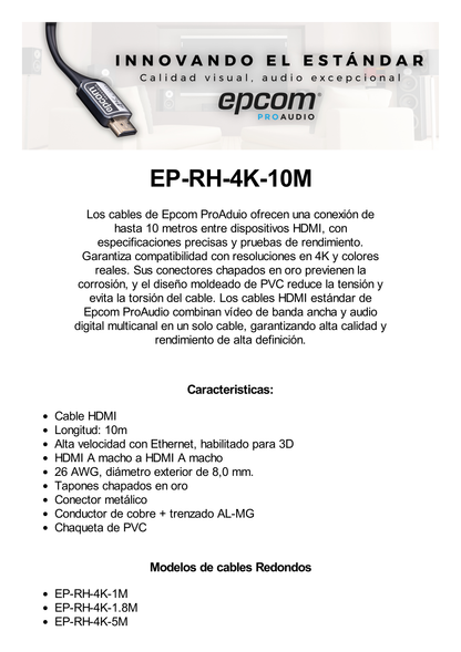 Cable HDMI de 10m | Alta Definición | Longitud | Version 2.0 | Alta velocidad 18Gbps | 4K@60Hz | Conectores Chapados en Oro | Tipo Redondo