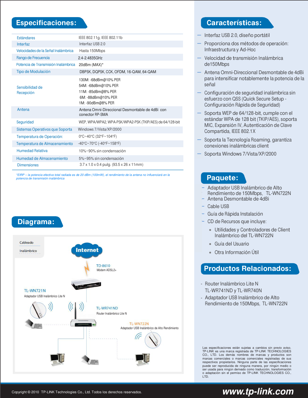 Adaptador inalámbrico USB 2.0 TP-Link TL-WN722N N 150Mbps con antena externa 4dBi