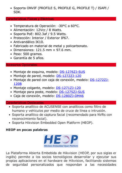 Domo IP 6 Megapixel / Lente 2.8 mm / 40 mts IR / Exterior IP67 / IK10 / Microfono Integrado / DARKFIGHTER / Audio y Alarma I/O / PoE / ONVIF / Micro SD / 4 Analíticos: AcuSense, Deteccion Facial, Conteo de Personas por Cruce y Zona