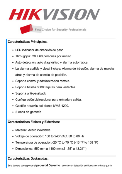 Torniquete de Apertura para Lado Derecho / Metal / Con 12 Pares de Detectores IR / Soporta Terminal de Reconocimiento Facial