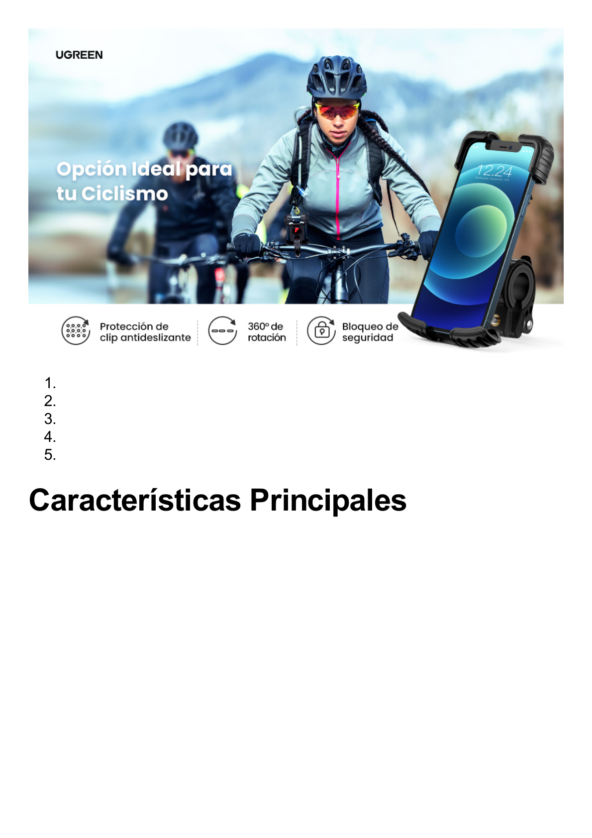 Soporte de Celular para Manillar de Motocicleta o Bicicleta / Anti Vibración / Protección de clip Antideslizante / Rotación de 360° / Bloqueo de Seguridad / Compatible con manillar de 0.6'' a 1.75'' / Soporta dispositivos de 4.6''