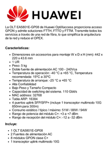 OLT GPON OptiXAccess 8 Puertos con Módulos C+, 4 Puertos Uplink (10GE/GE), Hasta 512 ONTs, 2 Fuentes de Alimentación AC, 1 UR