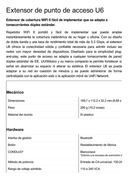 Extensor WiFi 6 UniFi, se conecta directo al tomacorriente, hasta 5.4 Gbps, repite SOLO WiFi de equipos UniFi.