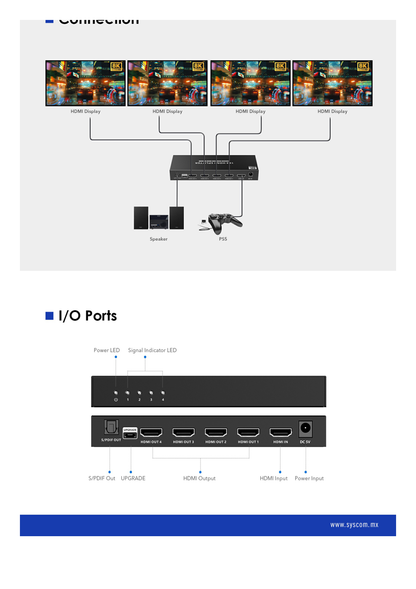 Splitter HDMI 1X4 | Velocidad de trasmisión 48 Gbps| Resolución 8K | Salida de audio| HDCP 2.3