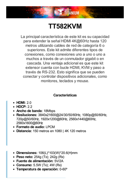 Kit Extensor KVM (HDMI y USB) hasta 120 metros | Transmite el Video y Controla tu DVR vía USB a distancia | Soporta resolución 4K @60Hz | Cat 6, 6a y 7 | Salida Loop en el Tx para visualización local