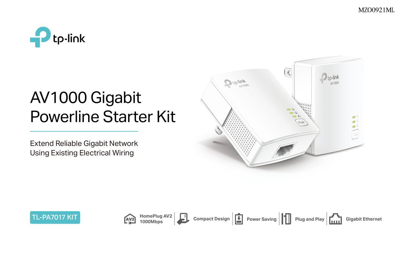 Kit (2 piezas) Adaptador TP-Link Powerline gigabit TL-PA7017 KIT HomePlug AV2 hasta 1000Mbps 1 puerto RJ45 plug and play