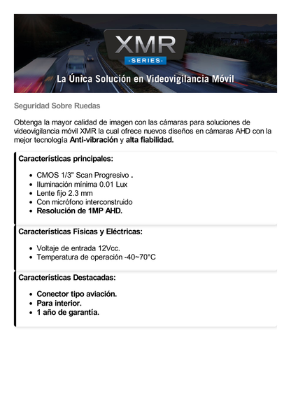 Cámara AHD de 1MP para videovigilancia móvil para Interior con micrófono.