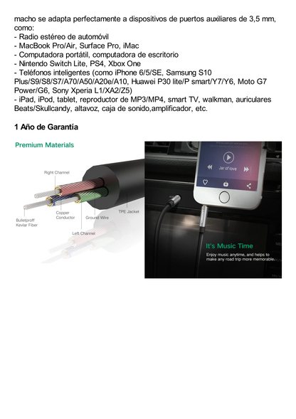 Cable Auxiliar 5 Metros / Conector 3.5mm a 3.5mm / Macho a Macho / Cubierta de TPE / Carcasa de Aluminio / Color Negro