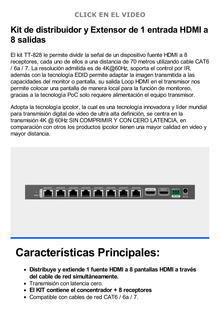 Kit Divisor y Extensor HDMI / Divide 1 Fuente HDMI a 8 Pantallas / Extiende la señal HDMI hasta 70 m / Resolución 4K @ 60 Hz/ Cat 6/6a/7 / IPCOLOR / CERO LATENCIA / Uso 24/7 / Puerto S/PDIF / EDID / RS232 / Salida Loop / Alimente solo el Tx