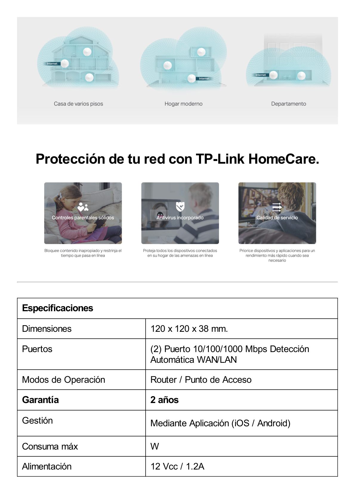 Router Inalámbrico MESH Interior para Hogar / Doble Banda Wi-Fi 5 AC1300 Mbps / 2 Puerto Gigabit WAN/LAN / 4 Antenas Internas / Administración Mediante la App Deco (iOS, Android) / Protección HomeCare / Antivirus Integrado