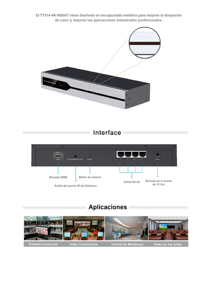 Kit Divisor y Extensor HDMI (Extender Splitter)  / Divide 1 Fuente HDMI a 4 Pantallas / Extiende la señal HDMI hasta 120 m / Resolución 4Kx2K @ 30 Hz / Cat 6/6a / Uso 24/7 / Longitud del cable autoajustable / Alimente solo el Tx (PoC).