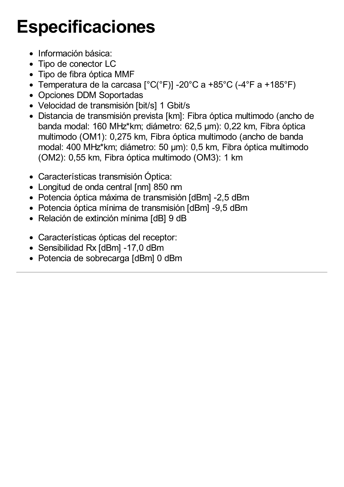 Transceptor Óptico eSFP / Velocidad de 1Gbps / Multimodo / 850nm / Conector LC / Distancia de hasta 550m