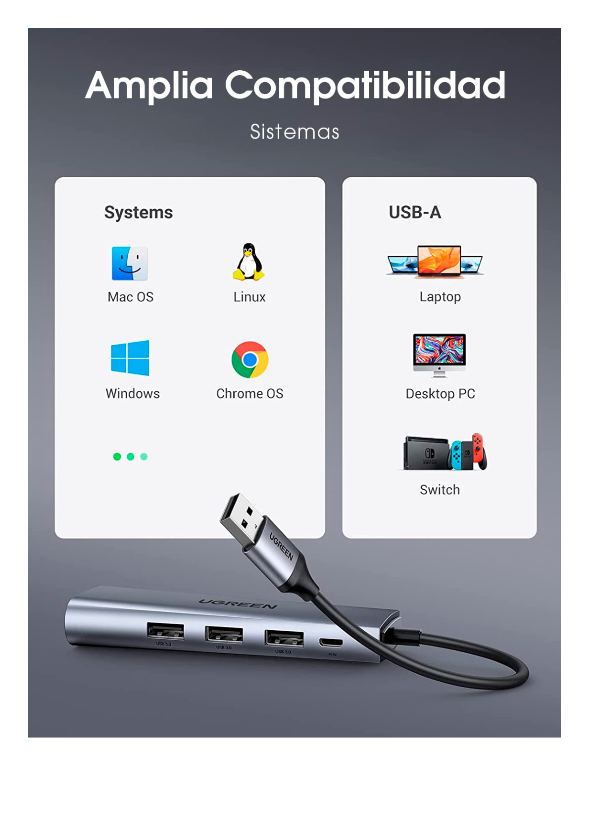 HUB USB-A (Docking Station) 5 en 1 | 3 USB-A 3.0 (5Gbps) | 1 RJ45 (Gigabit Ethernet) | Entrada Micro USB | Luz Indicadora LED | Doble Chip de Última Generación | Caja ABS + PC | Interfaz Niquelada | Color Gris Metalizado.