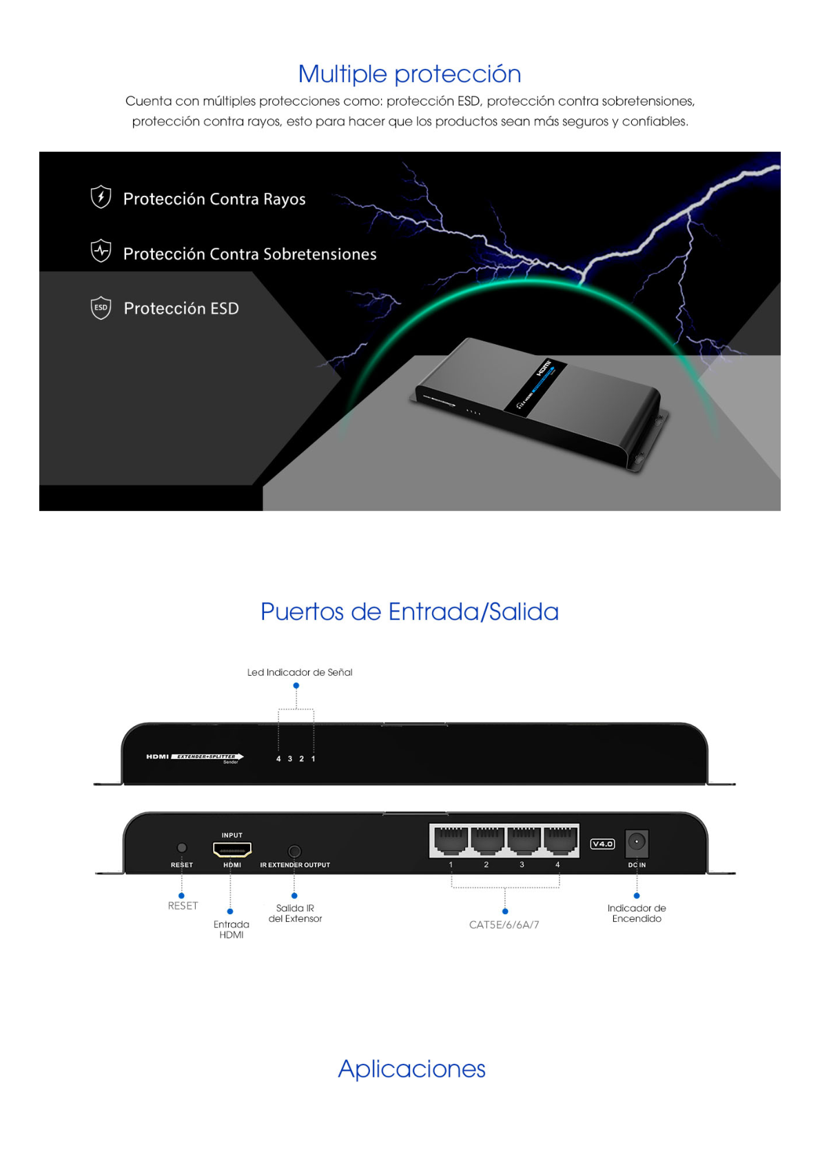 Kit Divisor y Extensor HDMI (Extender Splitter)  / Divide 1 Fuente HDMI a 4 Pantallas / Extiende la señal HDMI hasta 120 m / Resolución 1080P @ 60 Hz / Cat 6/6a / Soporta IR / Baja Latencia / Uso24/7 / Alimente solo el Tx (PoC).