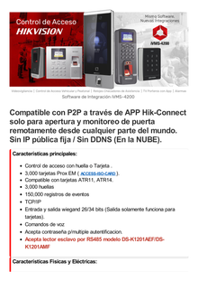 Biométrico WiFi de Acceso y Asistencia Compatible con APP Hik-Connect (P2P) / Soporta Biometrico Esclavo RS-485 / Lectura de Huella y Tarjetas EM / TCP/IP / 150,000 Eventos / Relevador para Chapa y Reportes de Asistencia