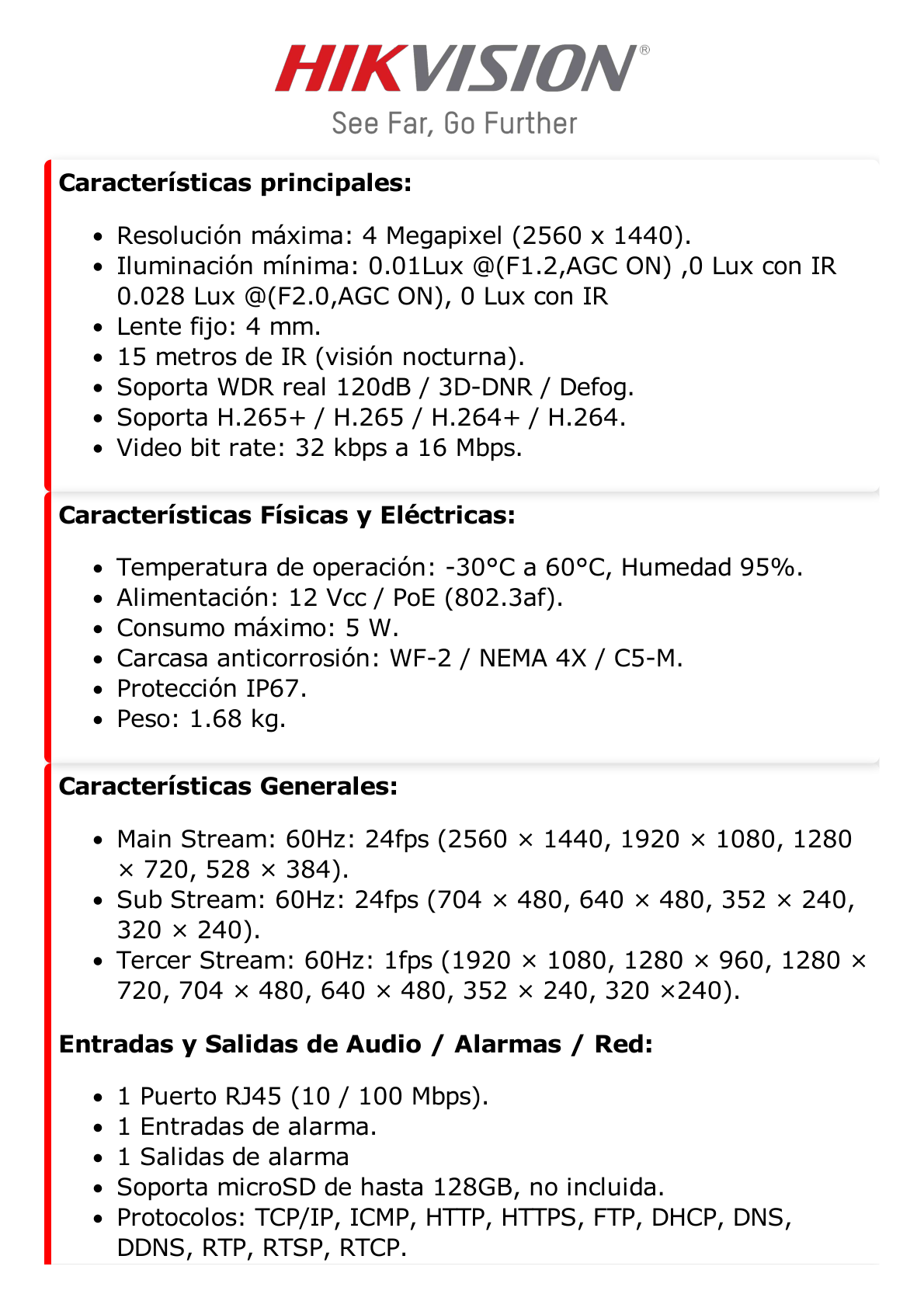 Domo IP 4 Megapixel / Lente 4 mm / H.265+ / Anticorrosivo / Exterior IP67 / WF-2 / NEMA 4X / 15 mts IR / WDR 120 dB / ONVIF / PoE / Micro SD