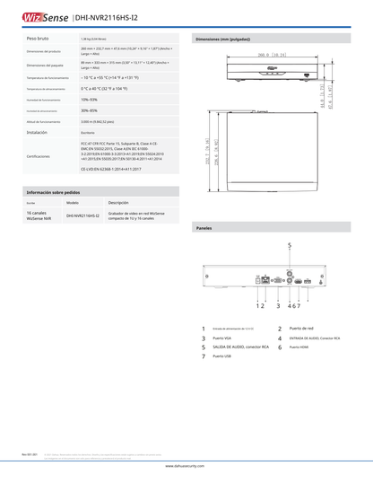NVR Dahua DHI-NVR2116HS-I2 8 mpx 16 canales IP con IA rendimiento de 144 mbp HDMI&VGA