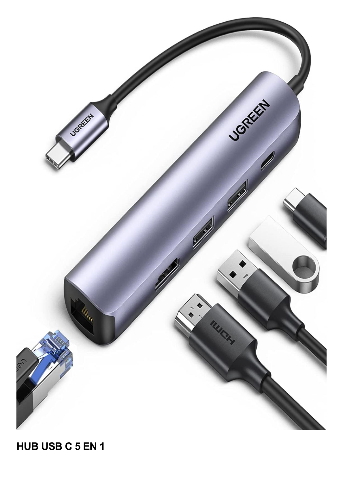 HUB USB-C (Docking Station) 5 en 1 | Ultra Delgado | 2 USB-A 3.1 a (5 Gbps) | HDMI 4K@60Hz | RJ45 (Gigabit Ethernet) | USB-C PD Carga Rápida 100W | Soporta OTG | Chips Inteligentes | Pequeño y Ligero | Caja de Aluminio.