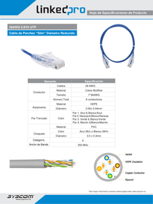 Cable Epcom LP-UT6-030-BU28 azul de parcheo slim UTP cat6 30 cm diametro reducido 28 AWG