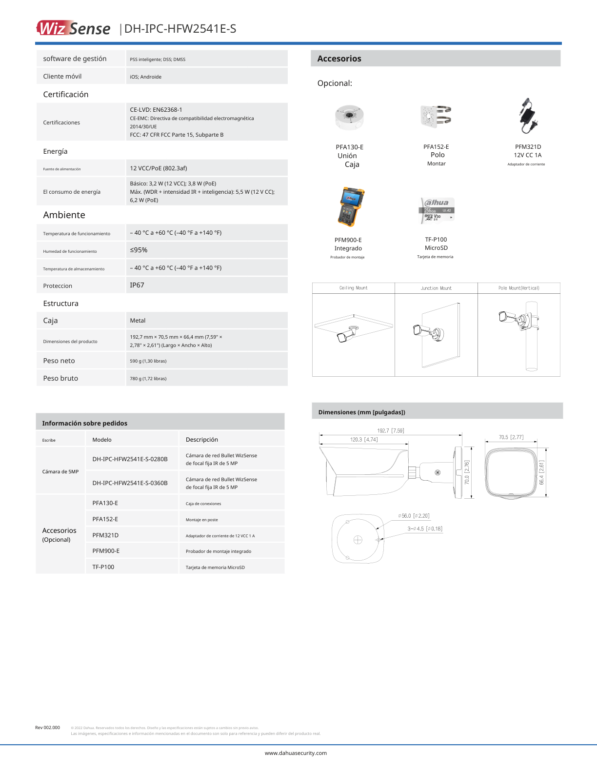 Camara Dahua DH-IPC-HFW2541E-S IP bullet 5 mpx lente 2.8 mm IR 30 m 97 gds metalica exterior microfono  ranura microsd PoE  IP67