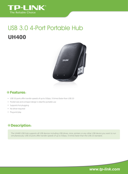 Hub portable TP-Link UH400 de 4 puertos de entrada USB 3.0 y conector USB 3.0 tipo A