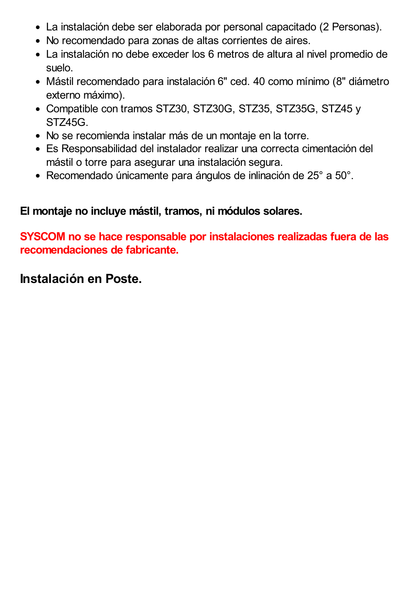 Montaje para Panel Solar de Poste o Torre Galvanizado Electrolítico (Ver Compatibilidad).