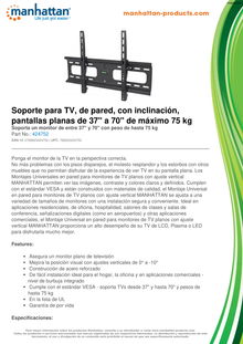 SOPORTE MANHATTAN PARA TV 37 A 70 PULG PARED 75KG CON INCLINACION PANTALLAS PLANAS