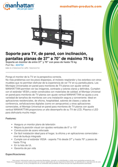 SOPORTE MANHATTAN PARA TV 37 A 70 PULG PARED 75KG CON INCLINACION PANTALLAS PLANAS