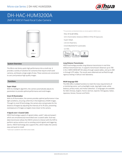 Camara Dahua DH-HAC-HUM3200AN oculta en sensor de movimiento 2 mpx super adapt lente de 2.8 mm 105 gds de apertura IR 10 m
