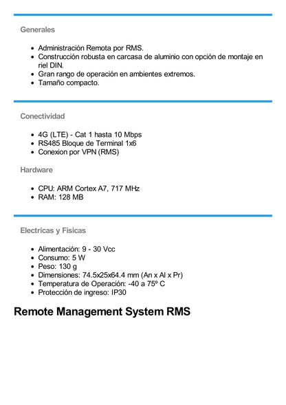 Gateway Industrial LTE 4G, con 1 puerto RS485